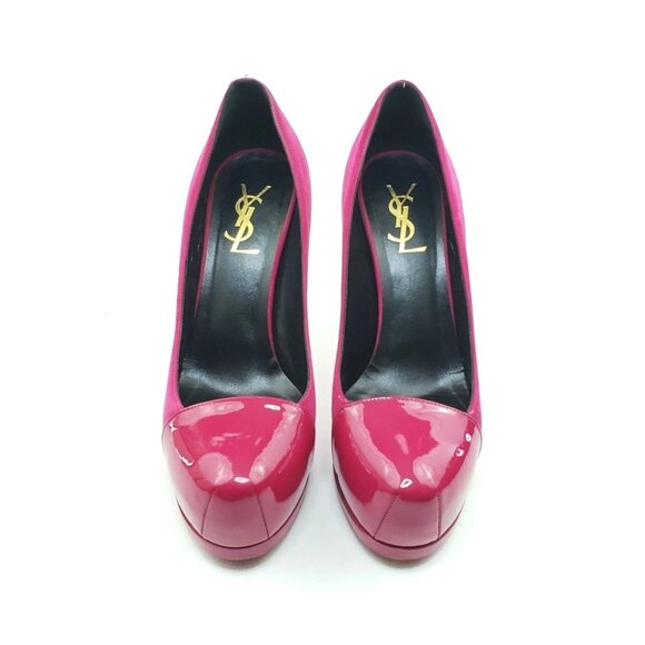 Yves Saint Laurent Tribtoo Platform Pumps Pink Suede Patent Cap Toe 36.5 US 6.5 - Picture 4 of 12